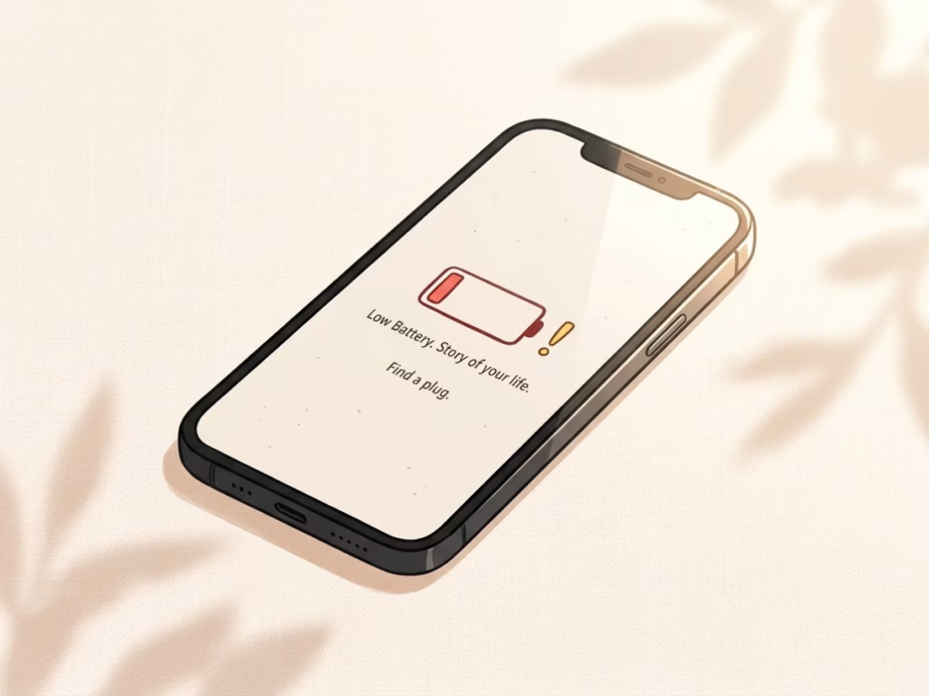 Smartphone showing low battery warning on a bright counter, decision fatigue and willpower metaphor