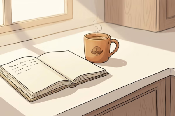 Open notebook with a few handwritten lines beside a morning coffee mug on a sunny kitchen counter