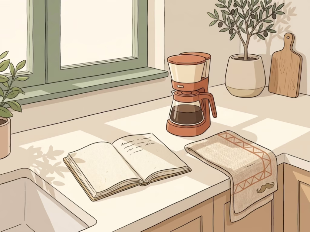 Open notebook sitting on a kitchen counter next to a coffee maker in warm morning light
