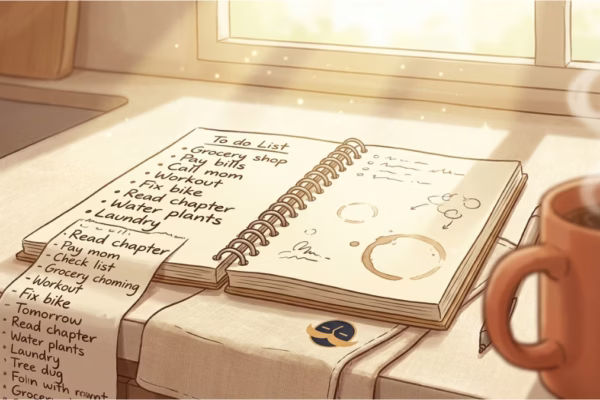Overfull handwritten to-do list in a notebook on a bright kitchen counter