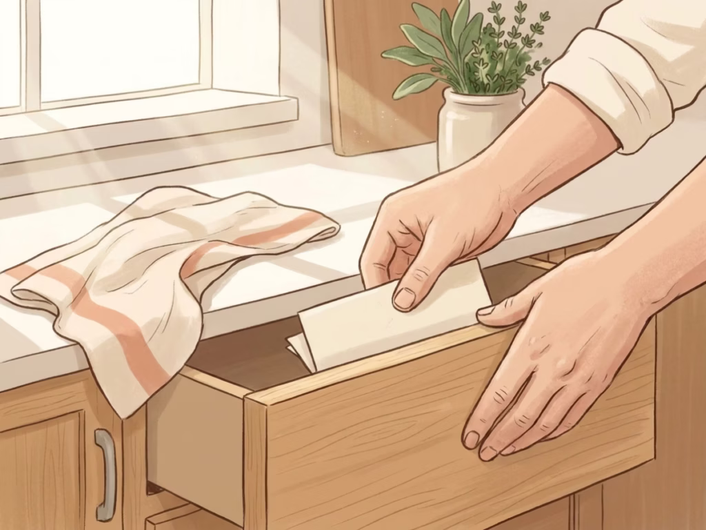 Hands sliding a folded note into a kitchen drawer in warm morning light