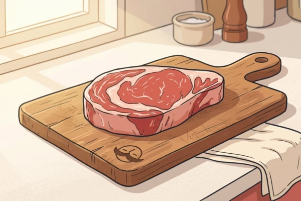 Single raw ribeye steak resting on a wooden cutting board in warm kitchen light, ready to cook