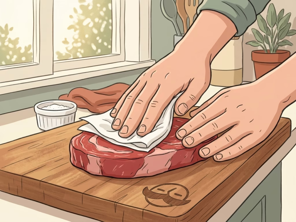 Hands pressing paper towels onto a raw steak to pat it dry before searing, sunny kitchen counter