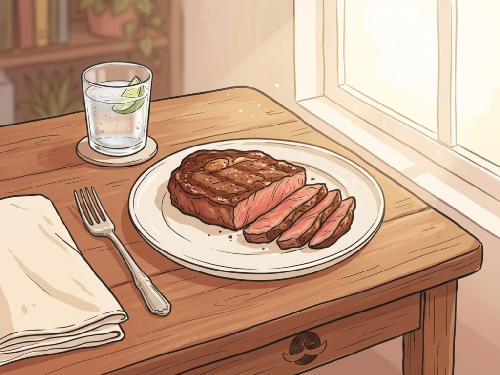 Sliced rested steak on a simple plate at a solo table setting with a cold drink, warm afternoon light