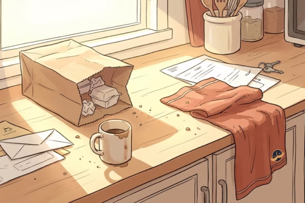 Cluttered kitchen counter with takeout bag, scattered dishes, and a coffee mug, mid-week chaos at home