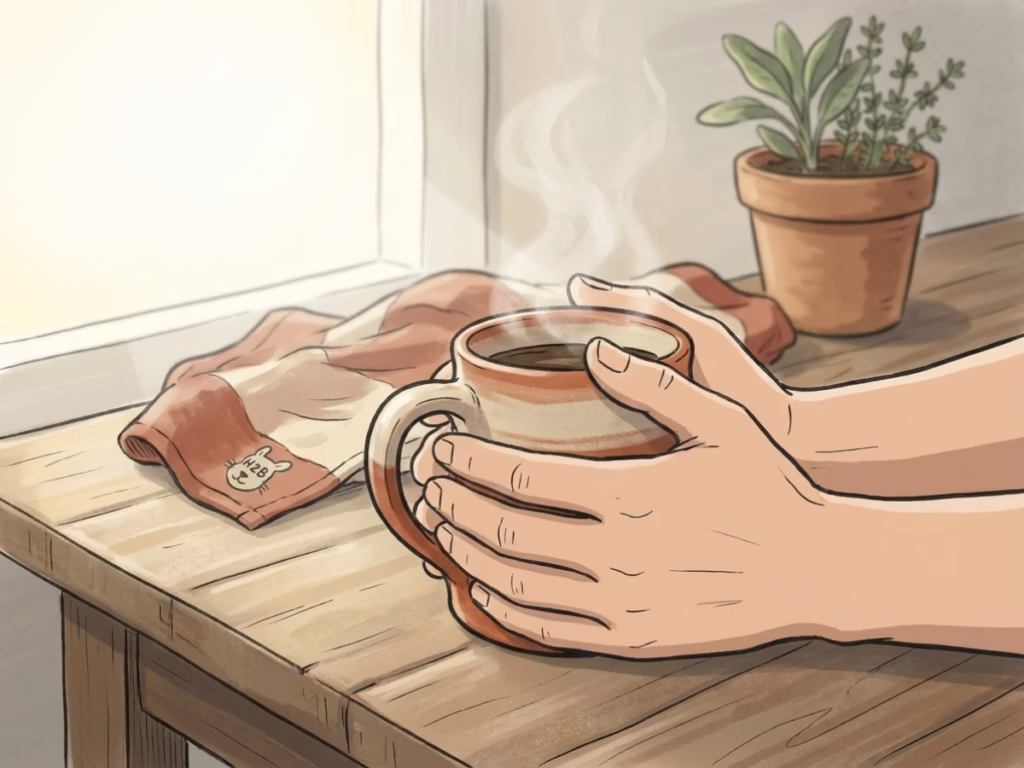 Man sitting quietly at a kitchen table with a coffee mug, calm morning light, taking a beat after a hard week