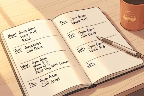 Handwritten weekly planner open on a desk with a pen resting on it, morning light