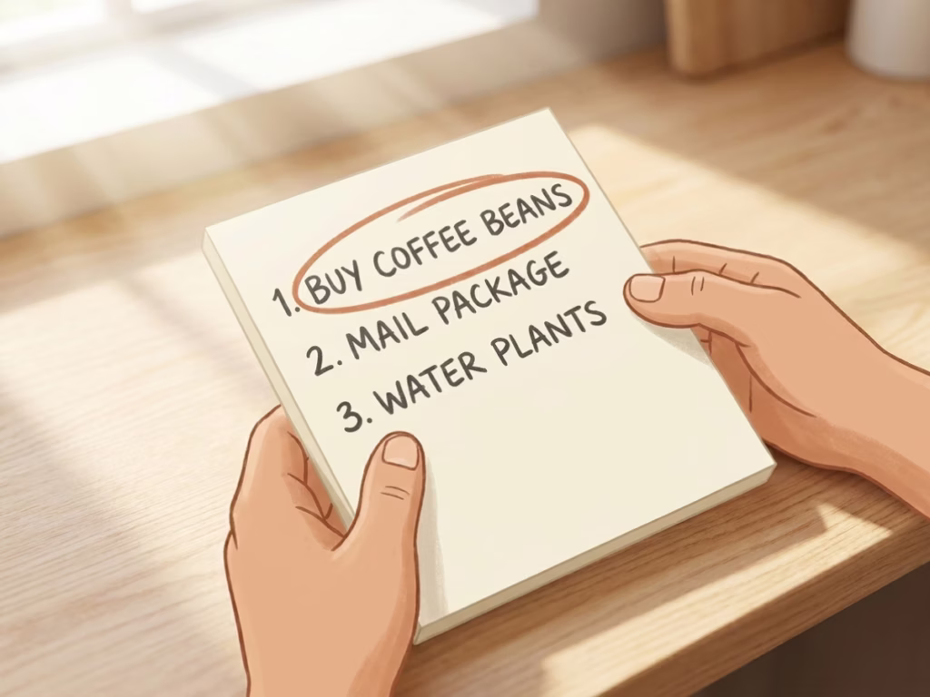 Close-up of hands circling one task on a short handwritten to-do list on a notepad