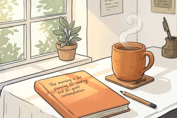 Morning coffee cup beside an open notebook on a sunny desk, the one-step rule for procrastination
