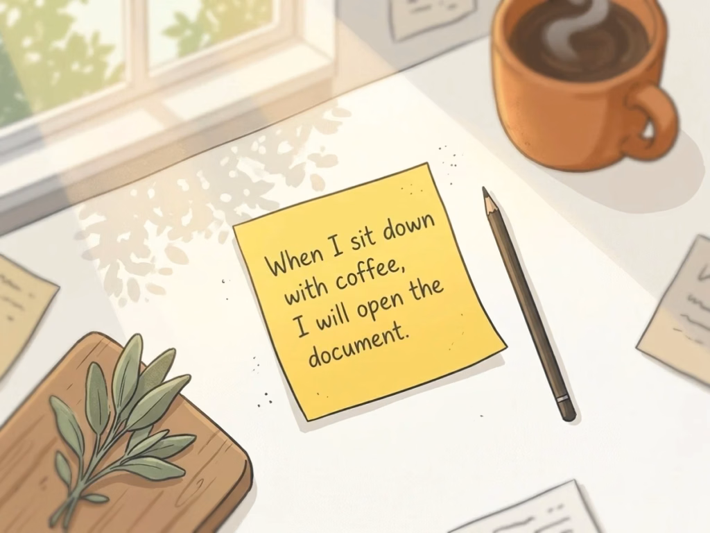 Overhead view of a sticky note on a bright kitchen counter — write your if-then plan to beat procrastination