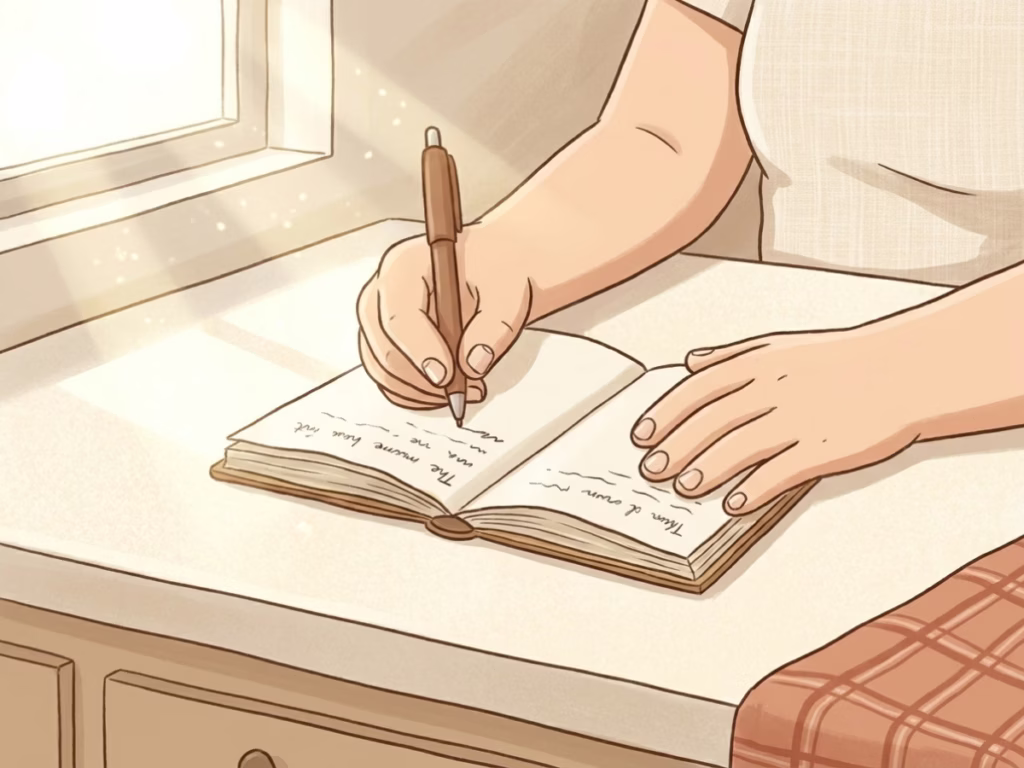 Hands writing in an open notebook on a bright kitchen counter, casual and real, warm morning light