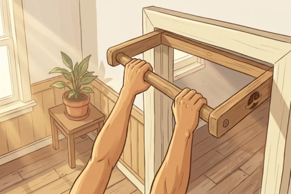 Man doing a pull-up on a doorframe bar at home, natural light, casual home setting