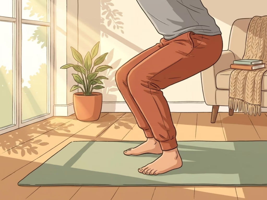 Man doing a bodyweight squat at home in casual clothes, bright natural light, no gym equipment