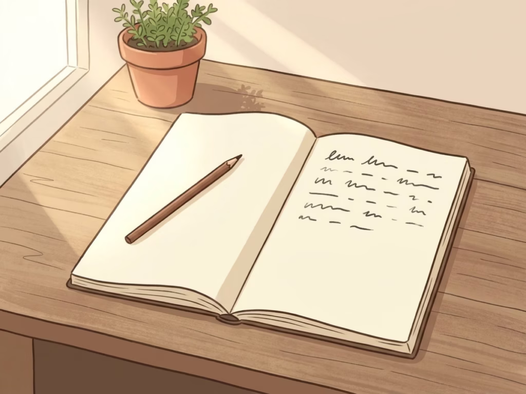 Open notebook with handwritten notes on a bright sunny desk beside a pencil and a small plant