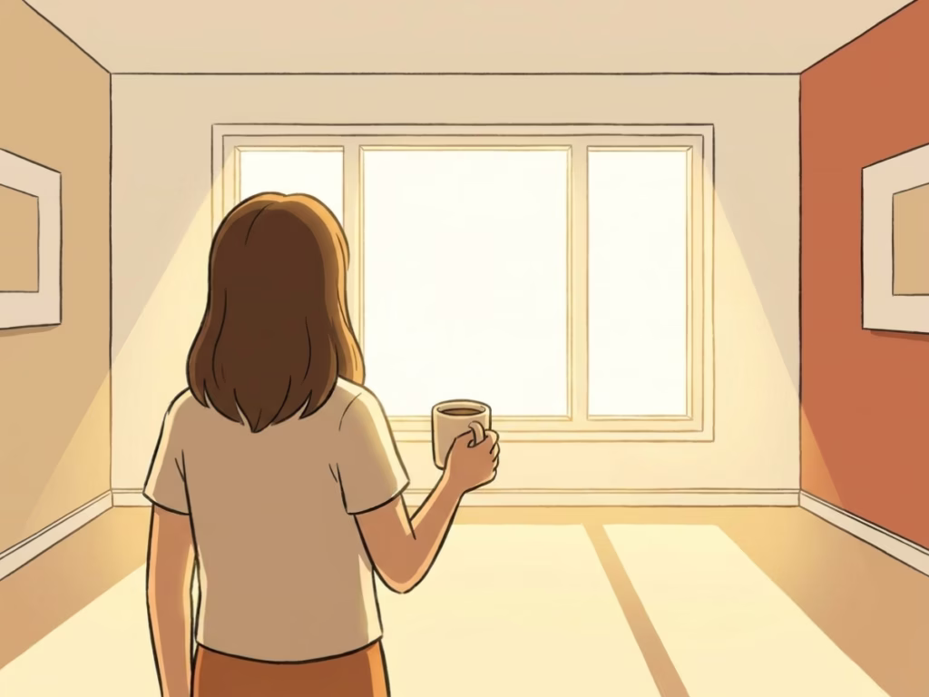 Person seen from behind standing at a bright sunlit window, moment of quiet reflection, warm morning light