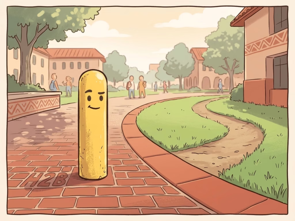 A brightly painted bollard on a sunny pavement with a worn dirt path curving around it, illustrating useful versus pointless friction