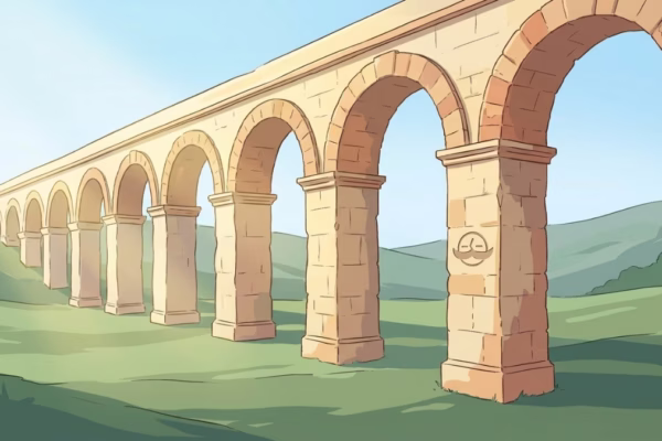 Sunlit Roman aqueduct arches stretching across a green landscape, illustrating consistency over long distances