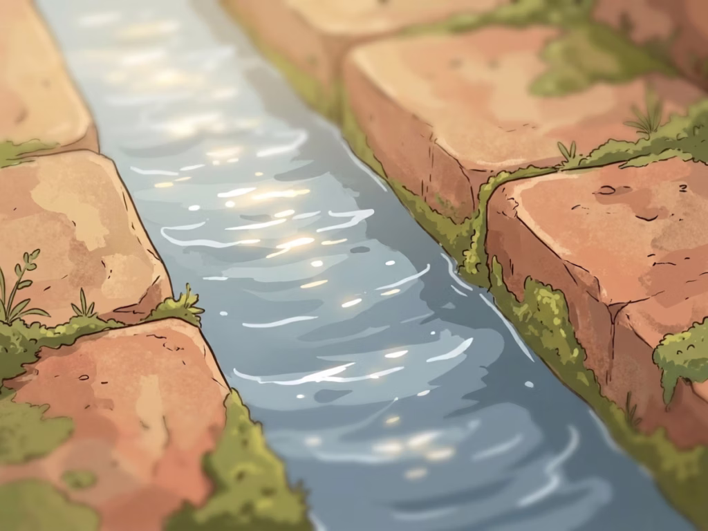 Clear water flowing steadily through a narrow stone channel in bright daylight, illustrating consistent sustainable progress