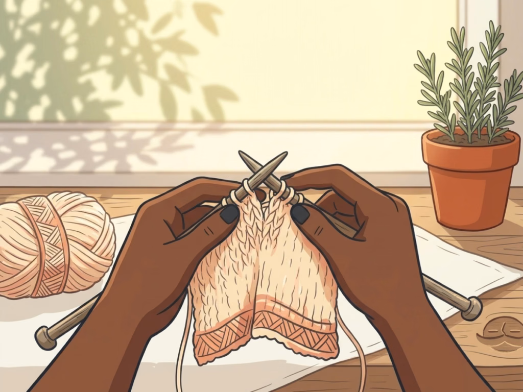 Person alone quietly knitting or whittling at a bright window, no phone, no audience, relaxed and absorbed