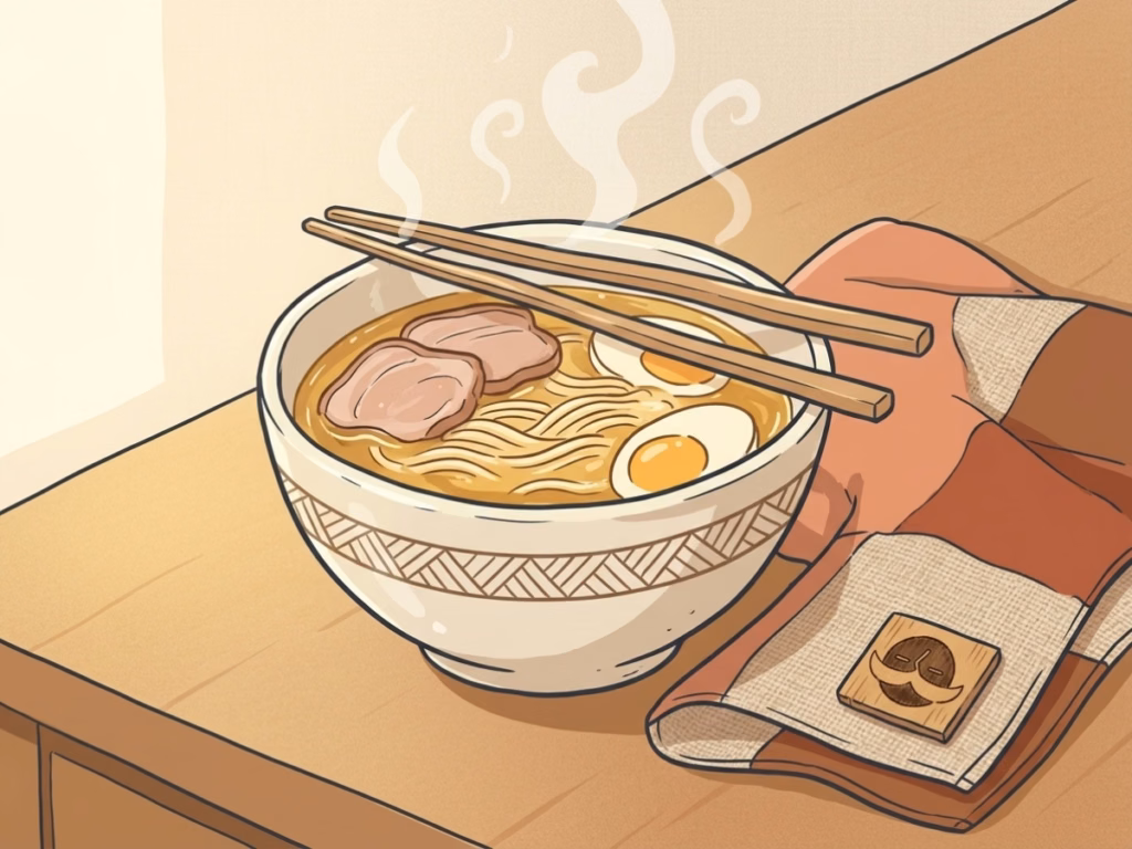 Simple homemade bowl of ramen on a bright kitchen counter, cheerful and unpretentious, no garnish fuss