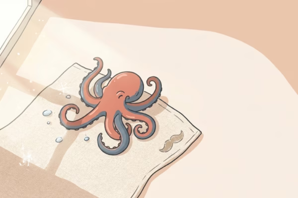 Bright overhead illustration-style photo of a small octopus on a cream surface, warm morning light, cheerful and approachable