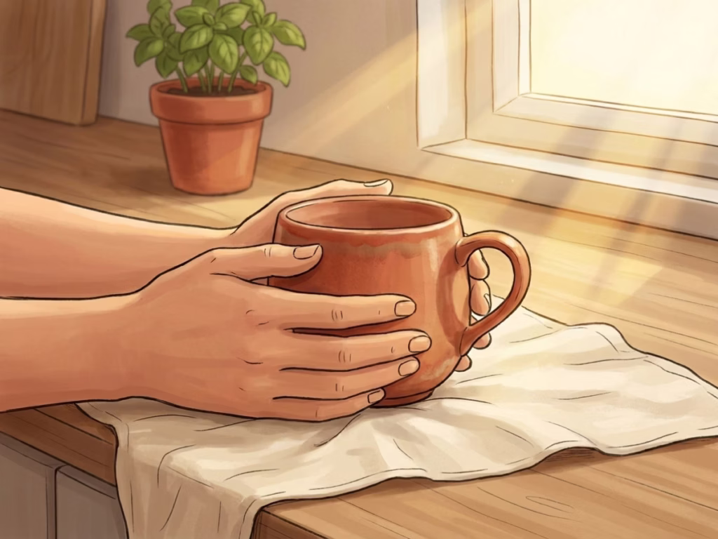 Hands wrapped around a warm coffee mug on a sunny kitchen counter, soft cream and terracotta tones, restful morning light