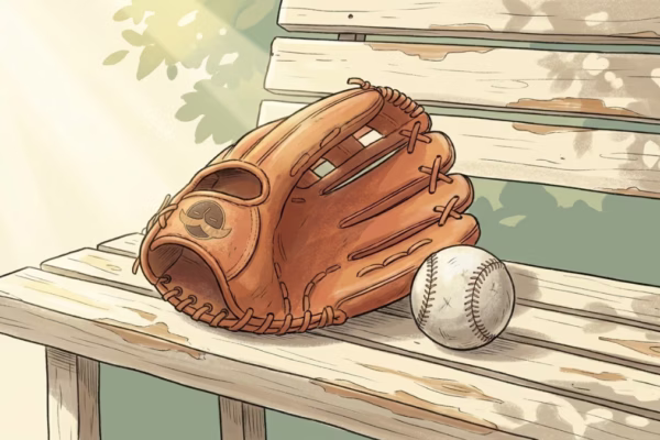 Worn baseball glove resting on a dugout bench, a scuffed ball nearby, image for lessons from failure in sports