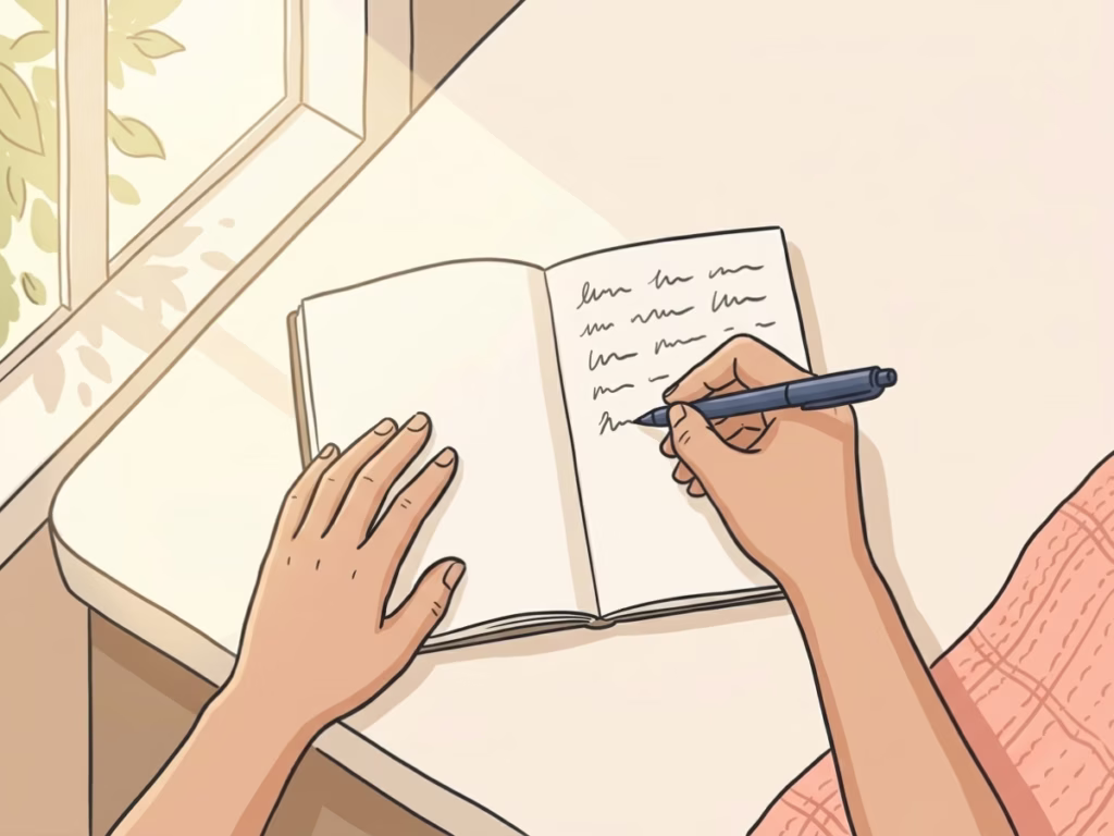 Hands writing notes in an open notebook on a bright counter, practical failure debrief framework for self-improvement