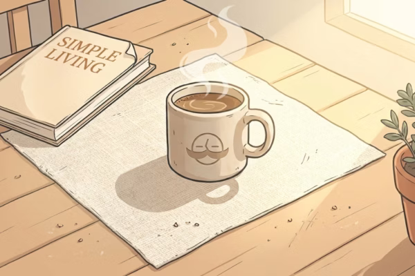 Man sitting at a sunny kitchen table with a mug of coffee, looking quietly out the window on a warm morning
