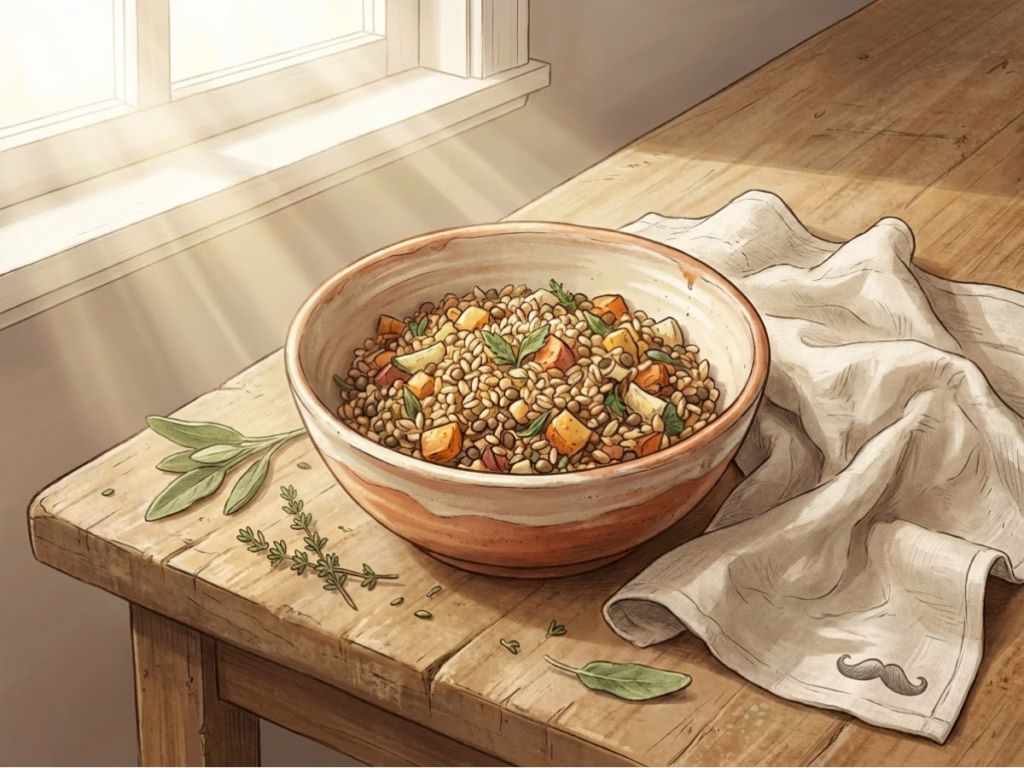 A bowl of simple homemade soup on a worn wooden table in warm morning light, honest and unpretentious